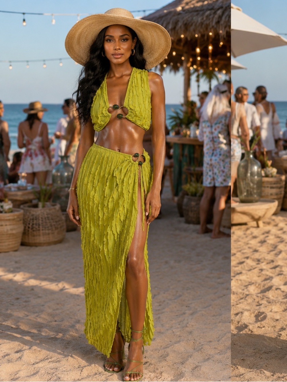 Fashion Nova Lime Green Textured Side-Slit Maxi Skirt